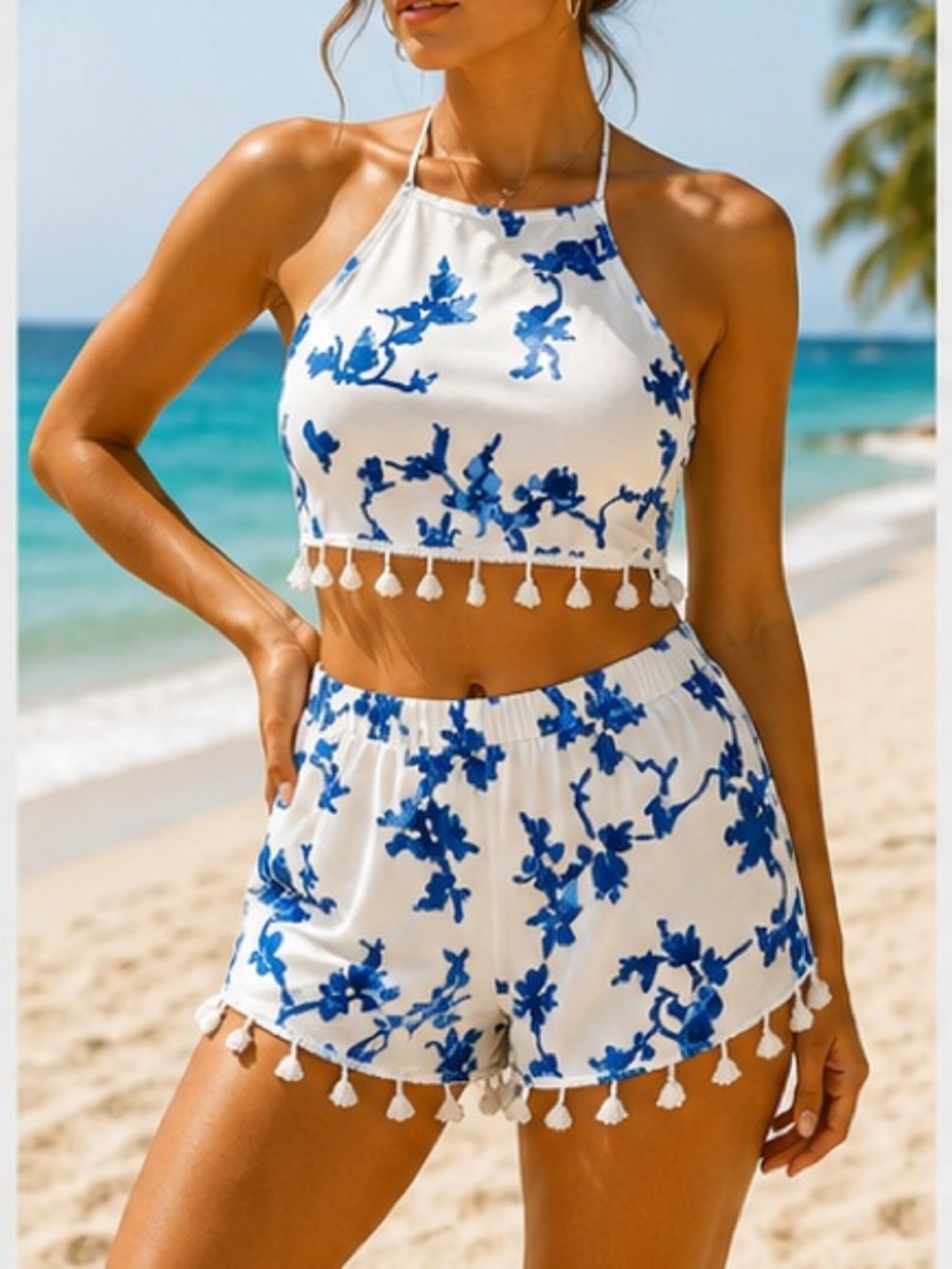 🌊 Bali White & Blue Floral Tassel Two-Piece Set | Size M/L